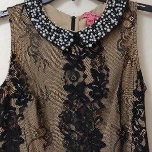 Betsey Johnson Black Lace Dress with Pearl & Rhinestone Embellishment